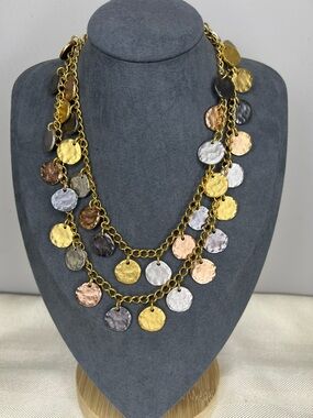 KENNETH JAY LANE KJL Tri-Tone Metallic Hammered Disc Coin Long Necklace